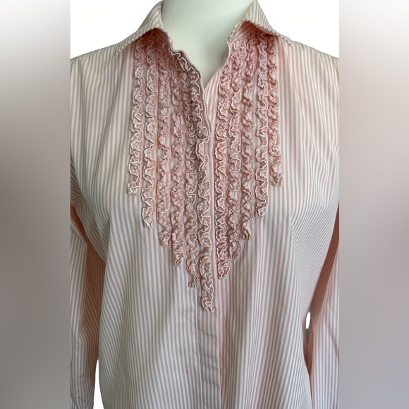 Lauren Ralph Lauren Petite Pink White Striped Ruffle Blouse Cotton P/L - Picture 2 of 9